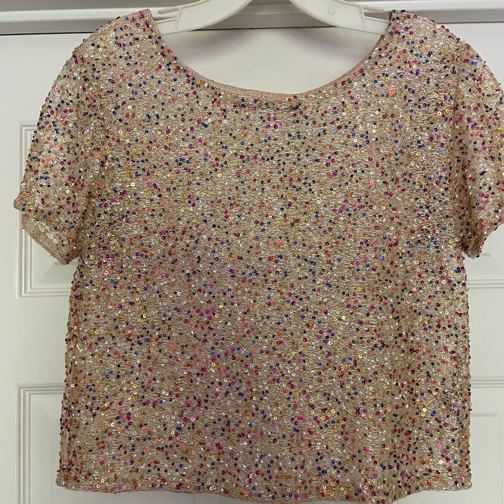 Hazel Nordstrom Sequined Top Size S Gold Metallic Fabric pink/blue/purple Sequin
